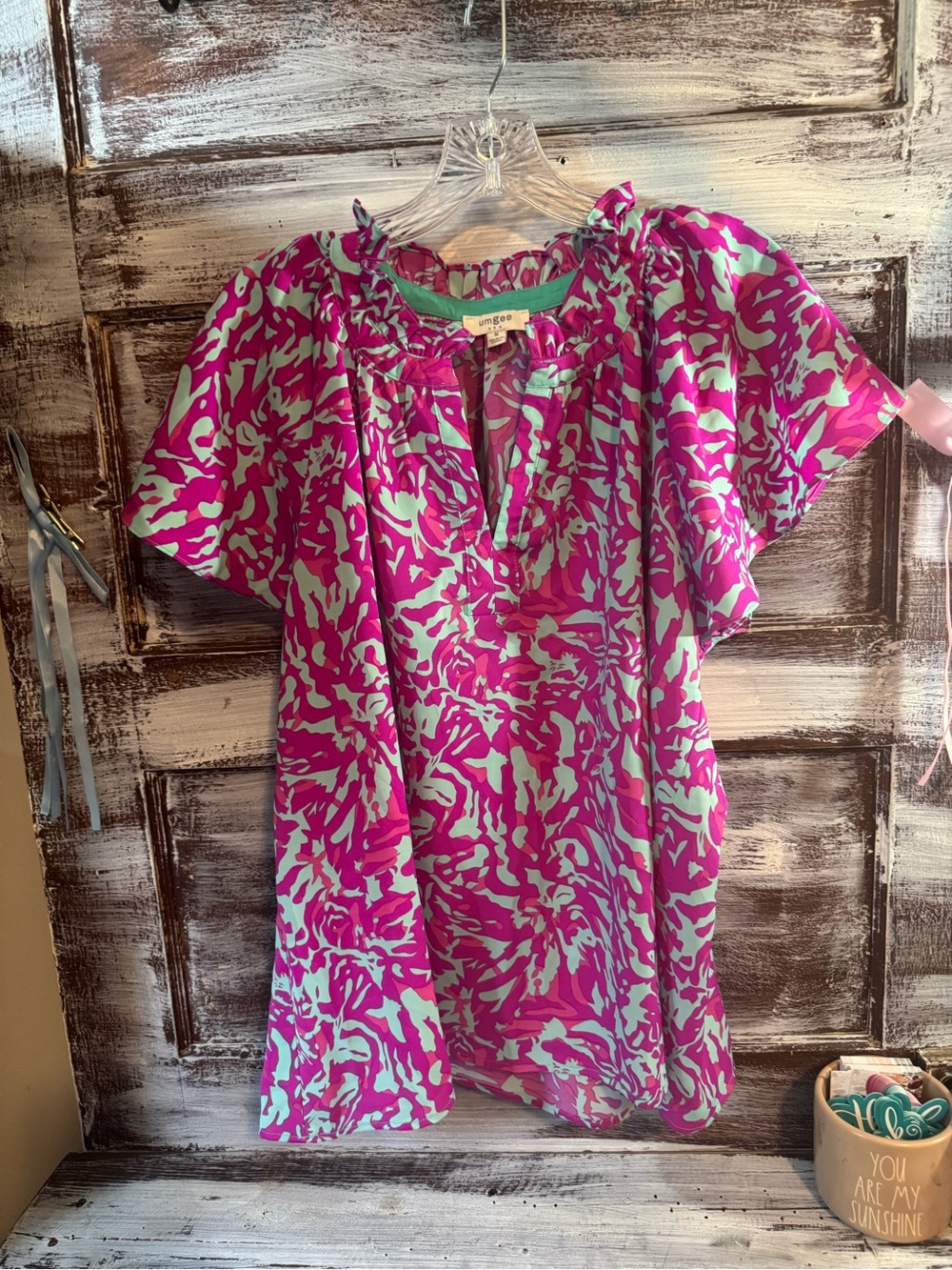 Umgee Fuchsia and Mint Floral Ruffle-Trim Short Sleeve Top